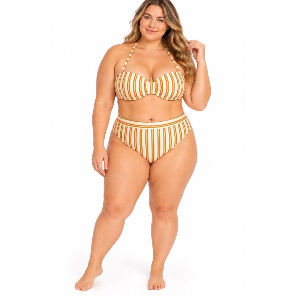 Juniors XXL 20 Striped Bandeau Halter Bikini Swim Suit NEW Orange Tan Ribbed